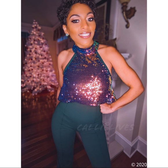 Callie Celebration: Iridescent Orange Sequin Cropped Halter Green Jumpsuit S M - Picture 8 of 16